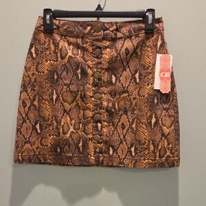 GB Button-Front Mini Skirt Brown Snakeskin Print Size Small New With Tags